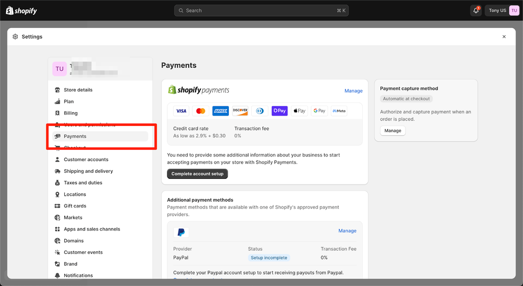 how to set up shop pay? step 1: access shopify payment setting