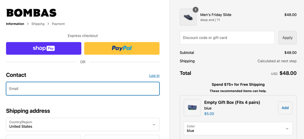 Bombas using Shop Pay example